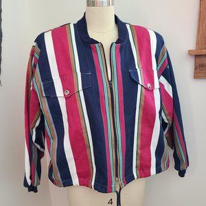 Vintage Striped Jacket Drawstring Cropped Spring Zip Up Womens Size Large